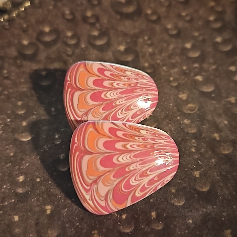 Vintage 60s 70s Psychedelic Porcelain Pink Swirled Clip Earrings